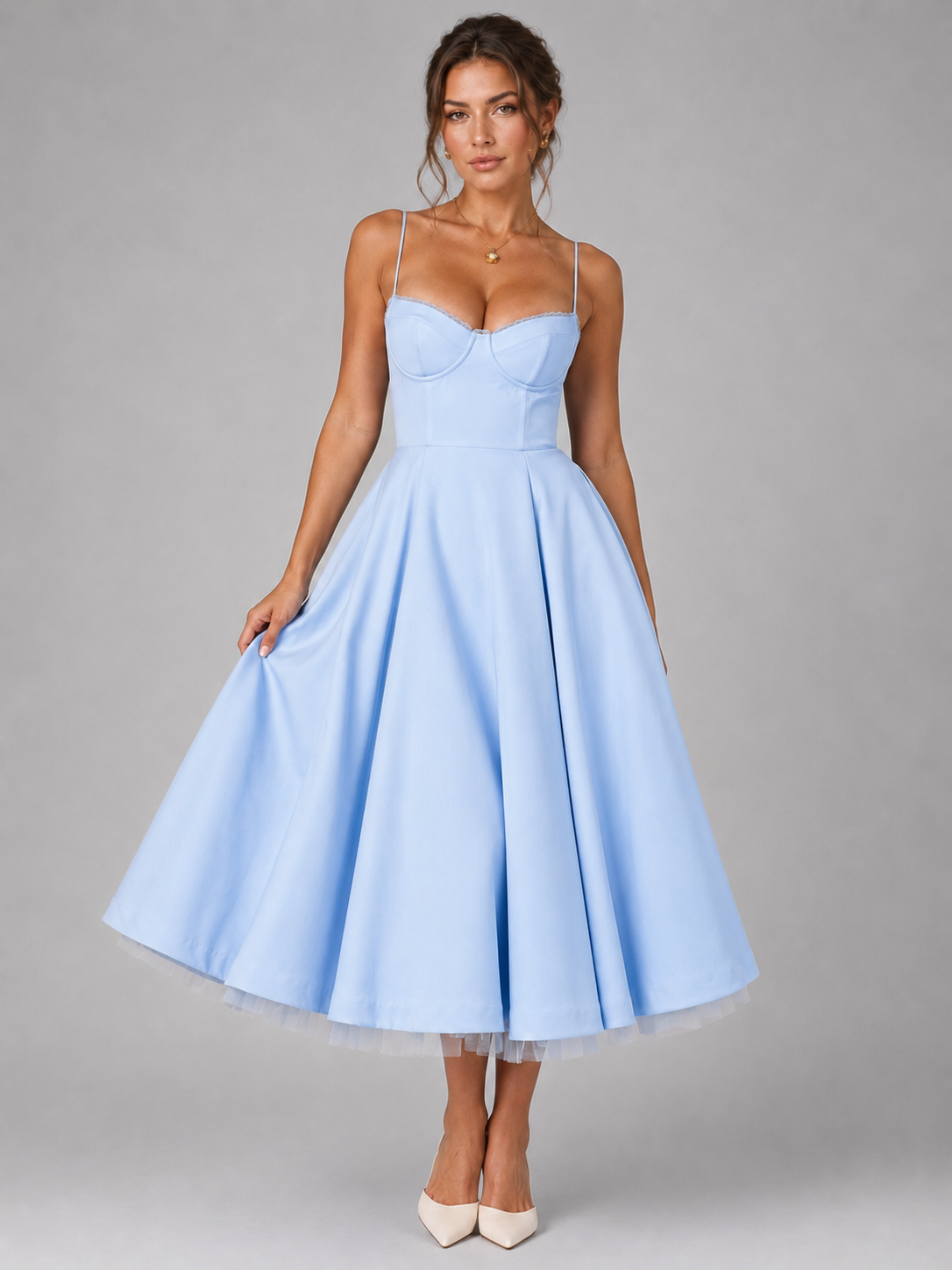 Abito Midi Donna Corsetto Gonna Ampia Cerimonia Elegante