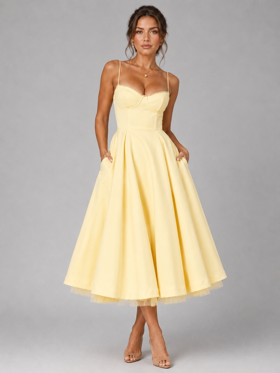 Abito Midi Donna Corsetto Gonna Ampia Cerimonia Elegante