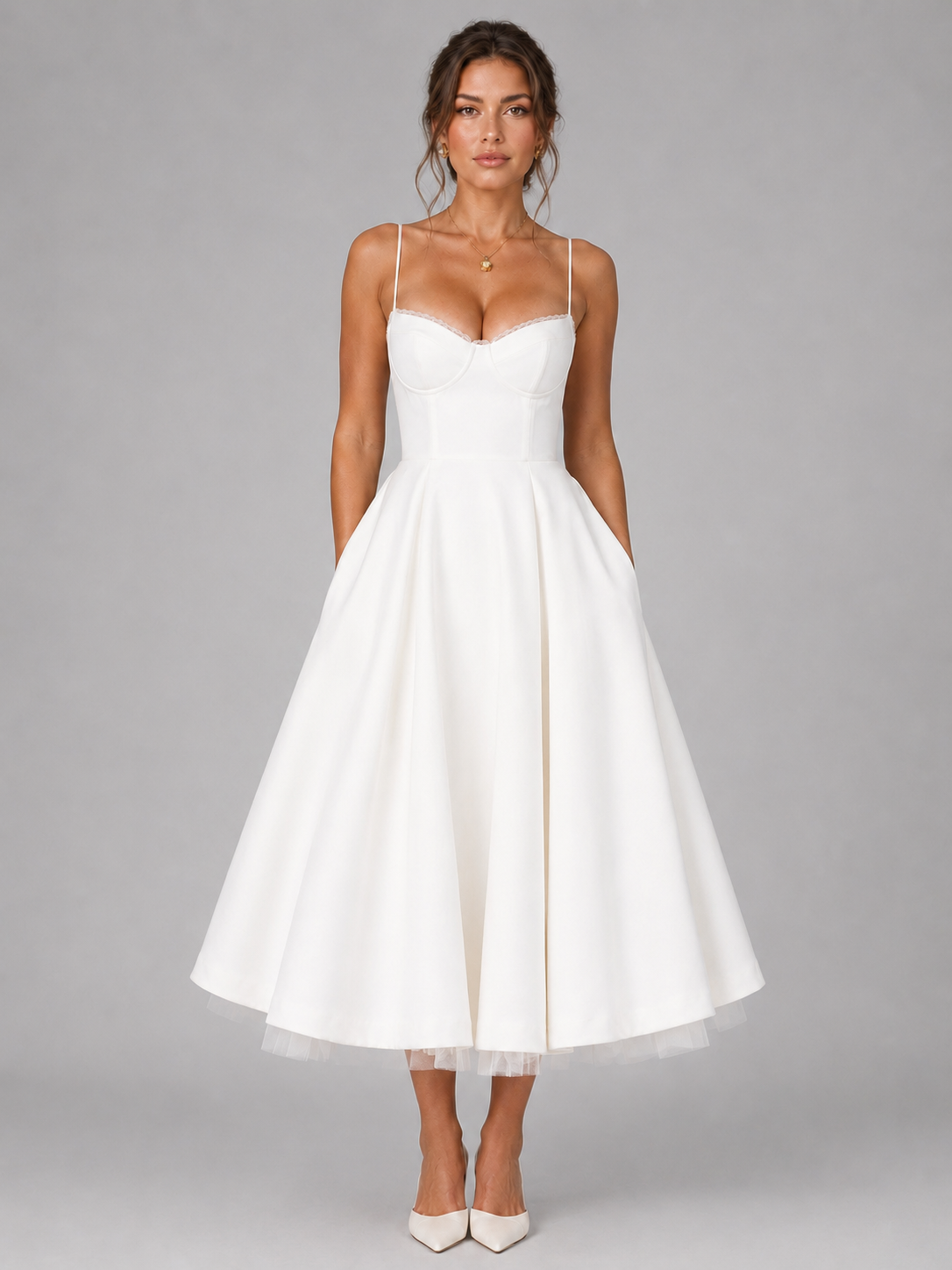 Abito Midi Donna Corsetto Gonna Ampia Cerimonia Elegante