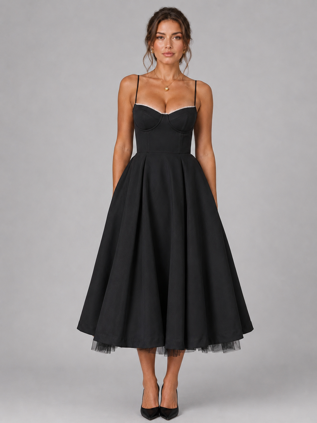 Abito Midi Donna Corsetto Gonna Ampia Scollo a Cuore Cerimonia