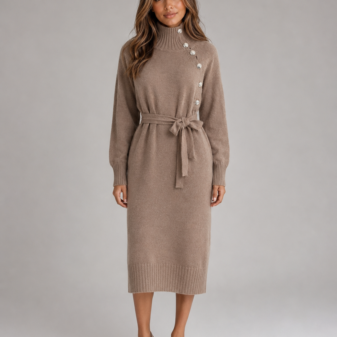 Abito Midi Donna in Cotone Dolcevita con Cintura in Maglia