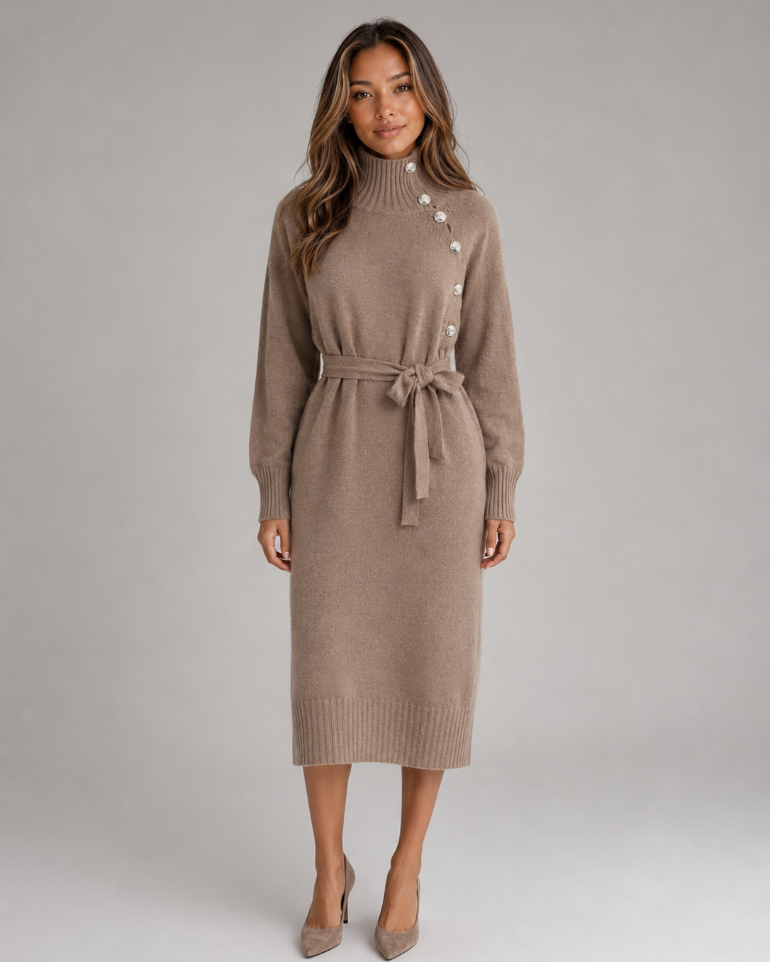 Abito Midi Donna in Cotone Dolcevita con Cintura in Maglia