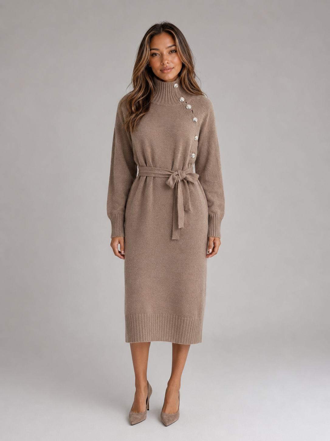 Abito Midi Donna in Cotone Dolcevita con Cintura in Maglia