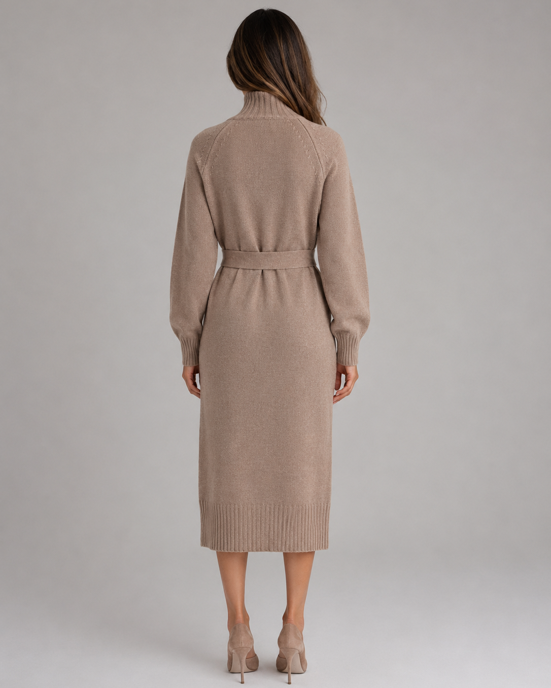 Abito Midi Donna in Cotone Dolcevita con Cintura in Maglia