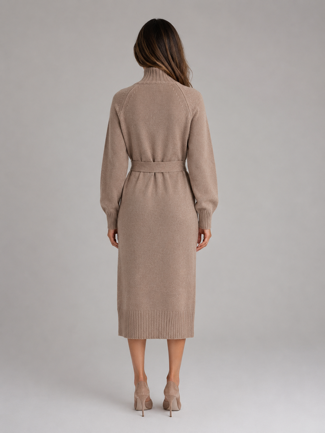Abito Midi Donna in Cotone Dolcevita con Cintura in Maglia