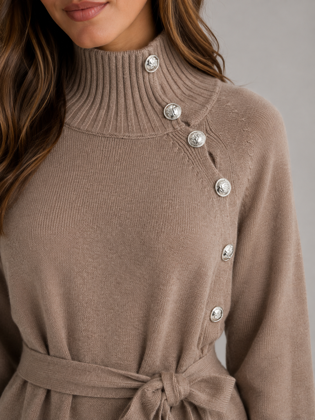 Abito Midi Donna in Cotone Dolcevita con Cintura in Maglia