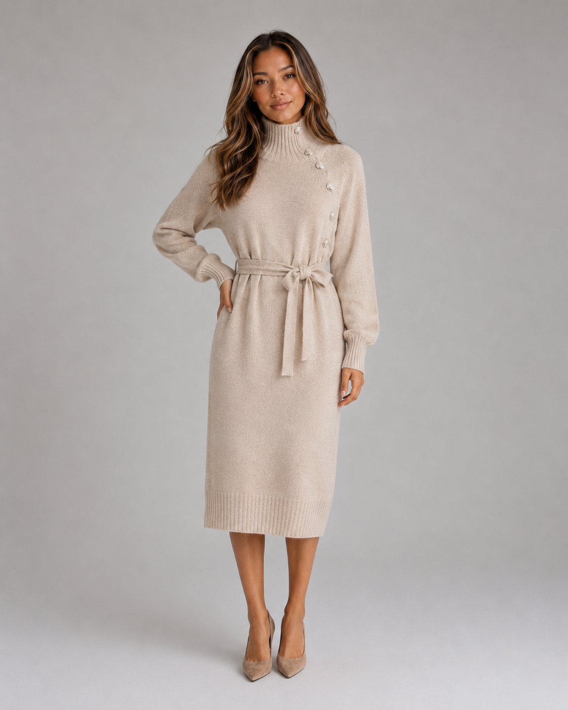 Abito Midi Donna in Cotone Dolcevita con Cintura in Maglia