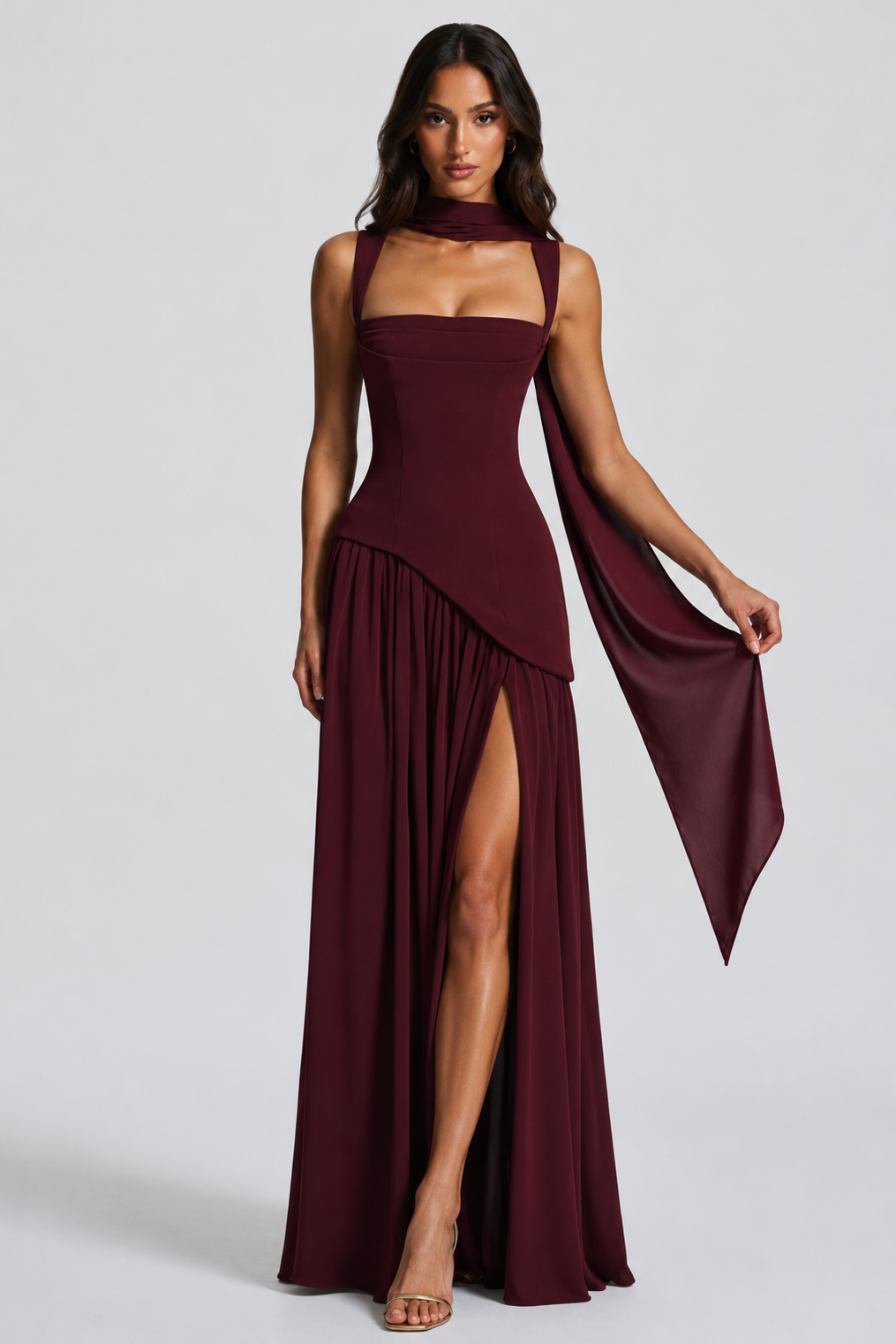 Abito Lungo Donna Drappeggiato Effetto Raso Spacco Laterale