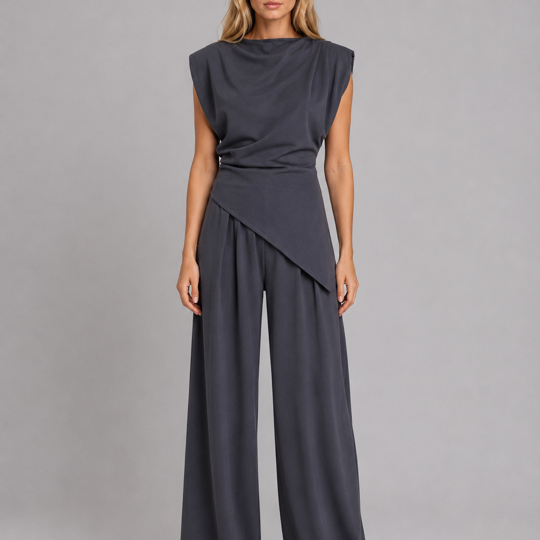 Completo Donna Casual Chic Top Drappeggiato e Pantaloni Larghi