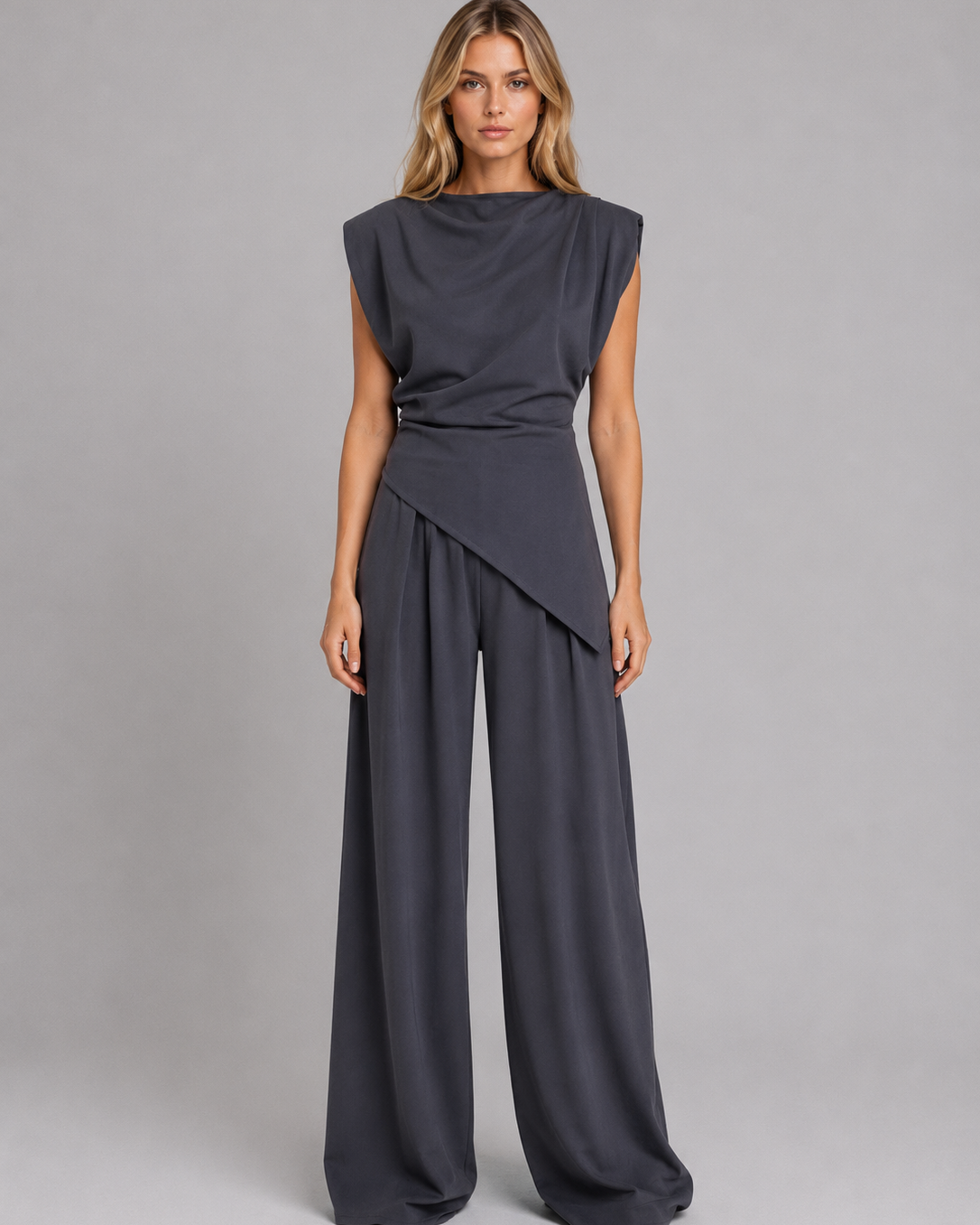 Completo Donna Casual Chic Top Drappeggiato e Pantaloni Larghi
