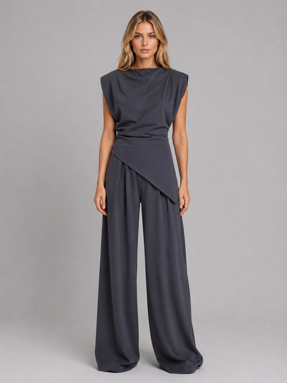 Completo Donna Casual Chic Top Drappeggiato e Pantaloni Larghi