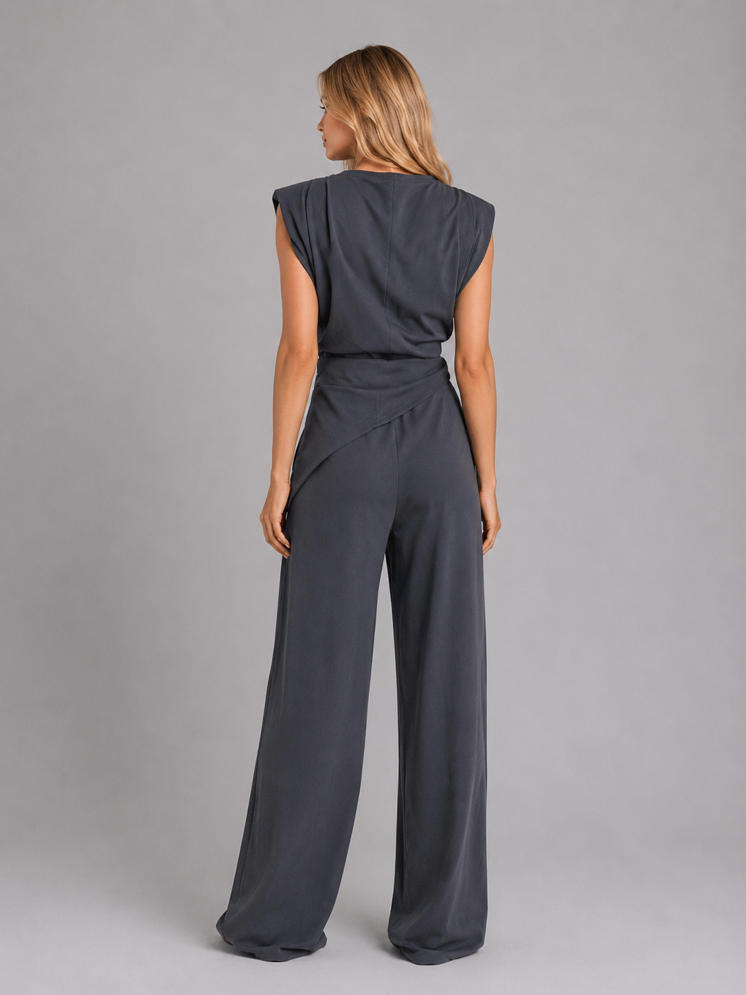 Completo Donna Casual Chic Top Drappeggiato e Pantaloni Larghi