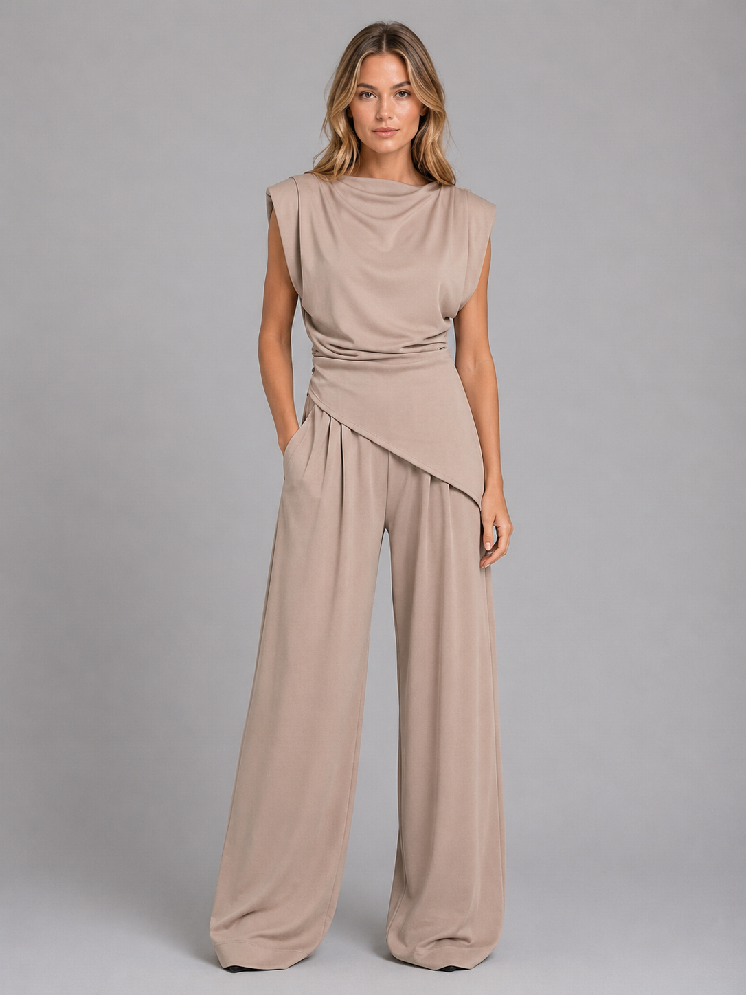 Completo Donna Casual Chic Top Drappeggiato e Pantaloni Larghi