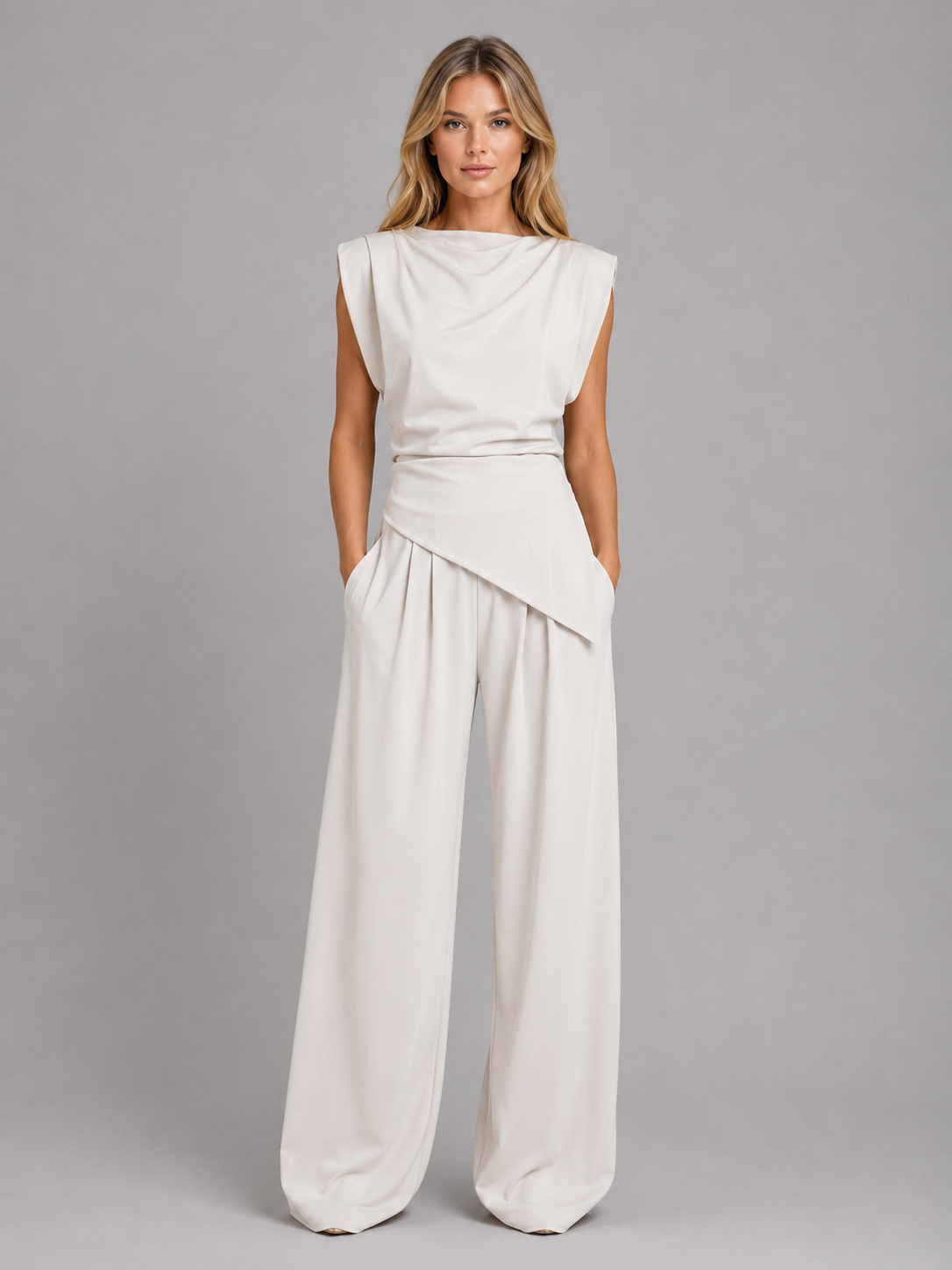 Completo Donna Casual Chic Top Drappeggiato e Pantaloni Larghi
