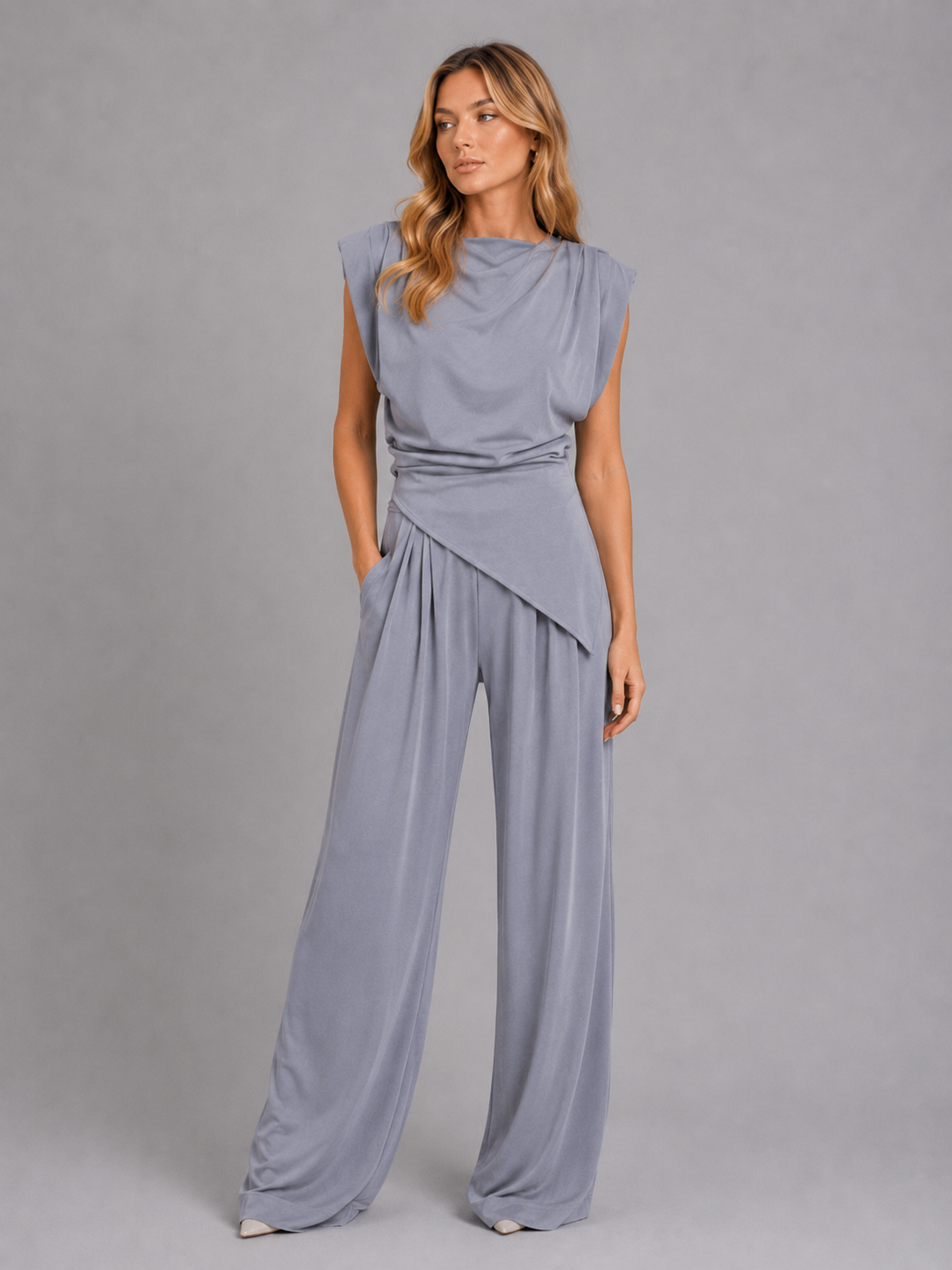 Completo Donna Casual Chic Top Drappeggiato e Pantaloni Larghi