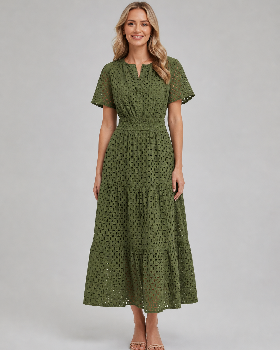 Abito Midi Donna in Sangallo Linea A Misto Cotone Estivo