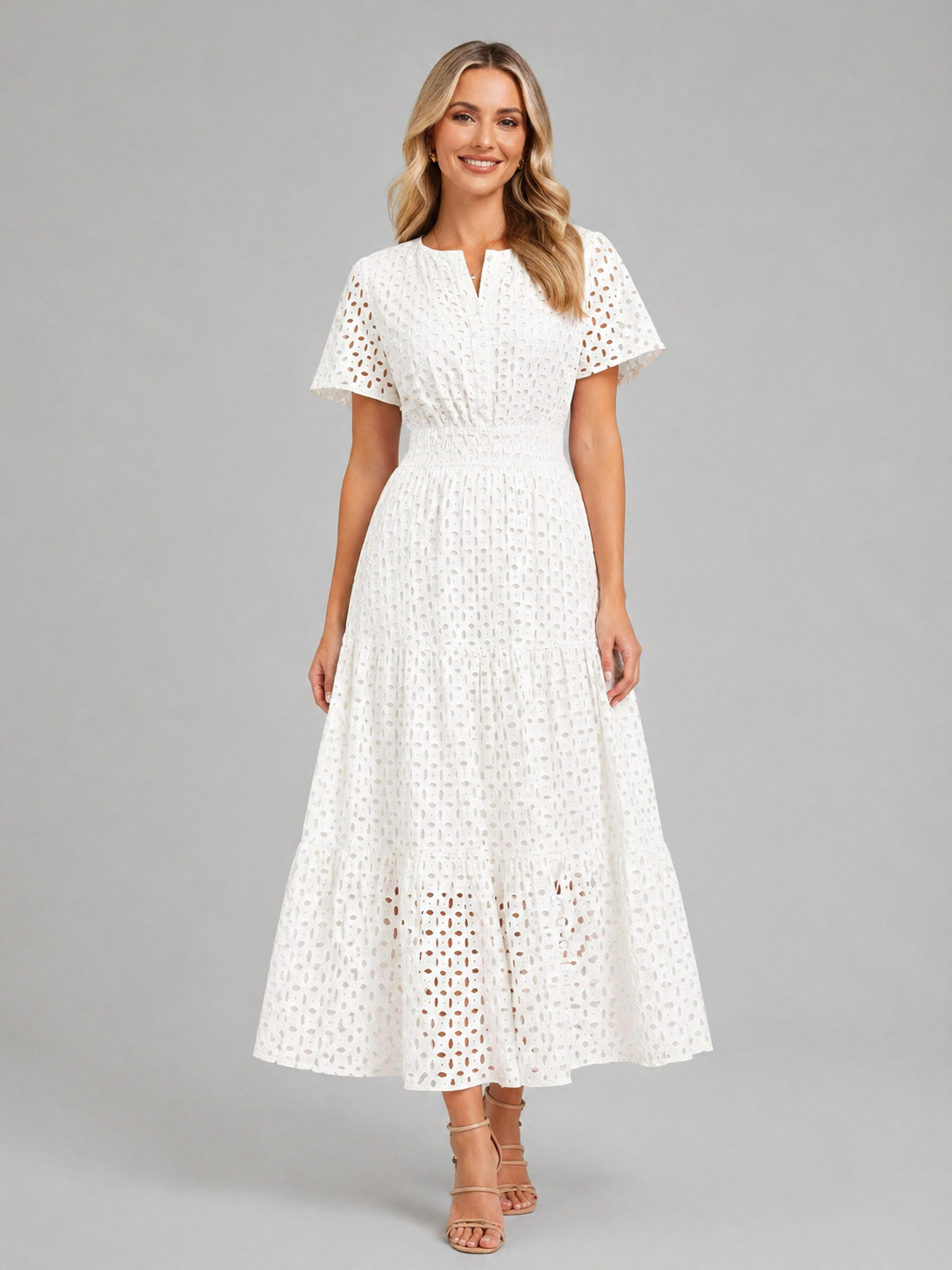 Abito Midi Donna in Sangallo Linea A Misto Cotone Estivo