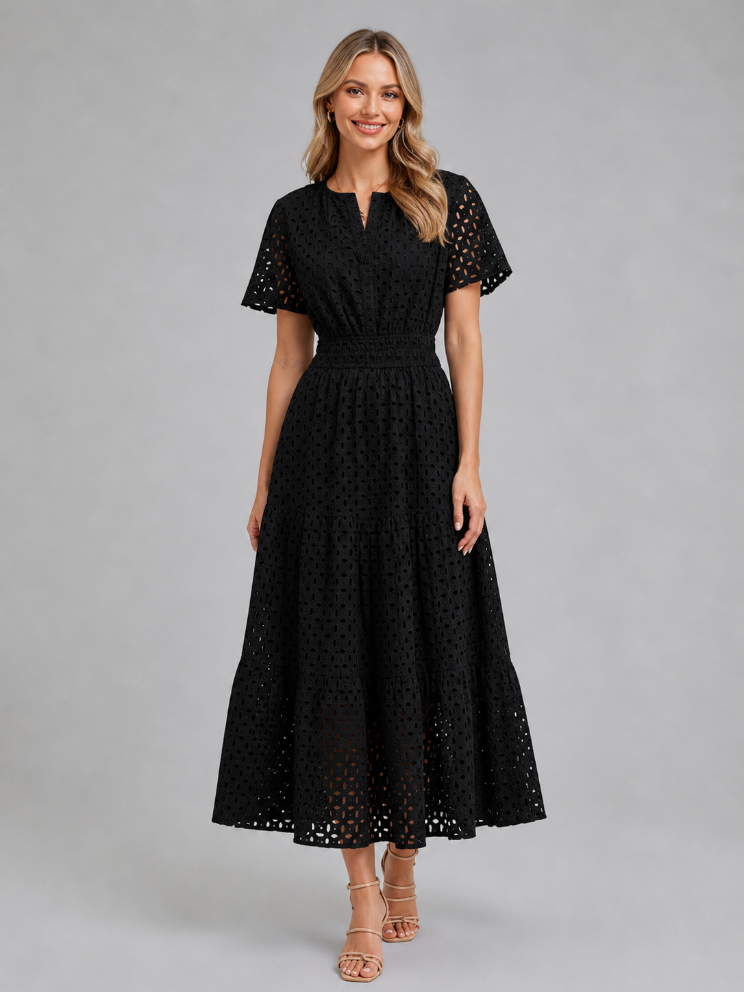 Abito Midi Donna in Sangallo Linea A Misto Cotone Estivo