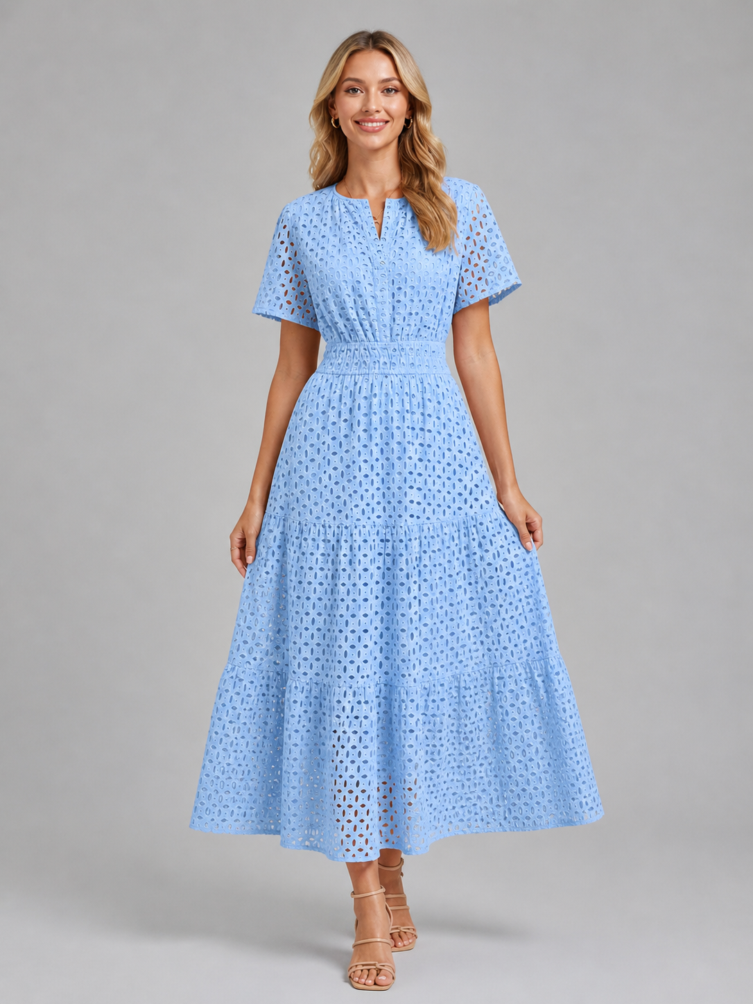 Abito Midi Donna in Sangallo Linea A Misto Cotone Estivo