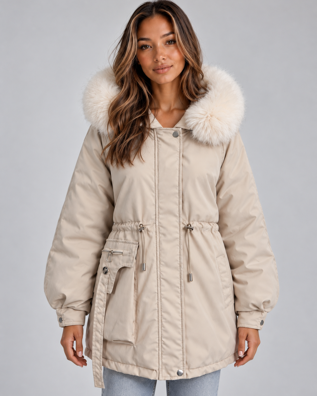 Parka Donna Cappuccio Bordo Pelliccia Sintetica Coulisse in Vita