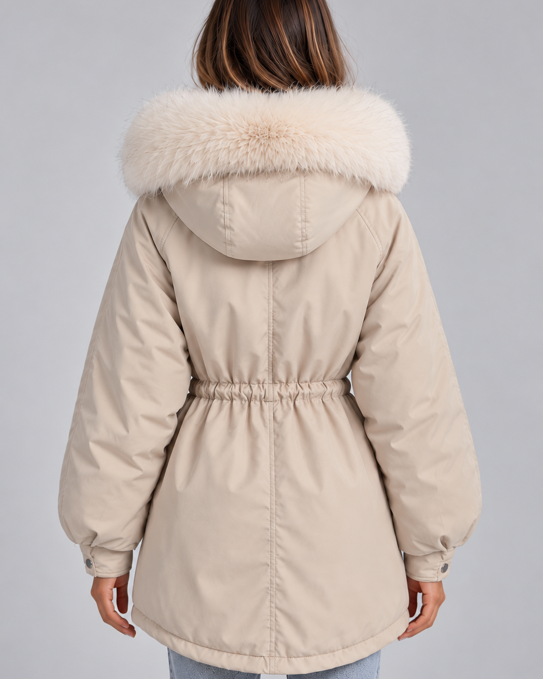 Parka Donna Cappuccio Bordo Pelliccia Sintetica Coulisse in Vita
