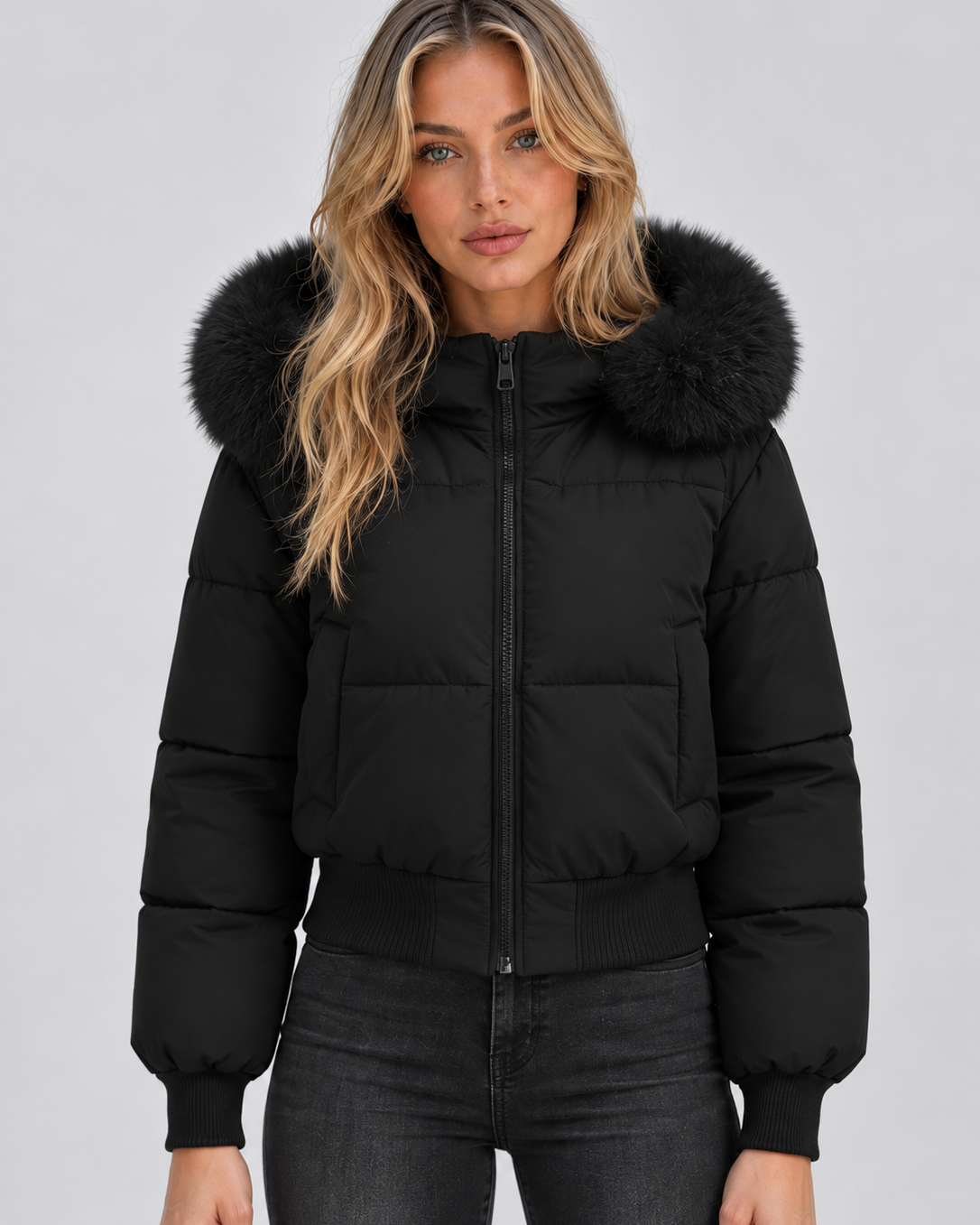 Giacca Donna Imbottita Collo in Pelliccia Sintetica Zip Integrale