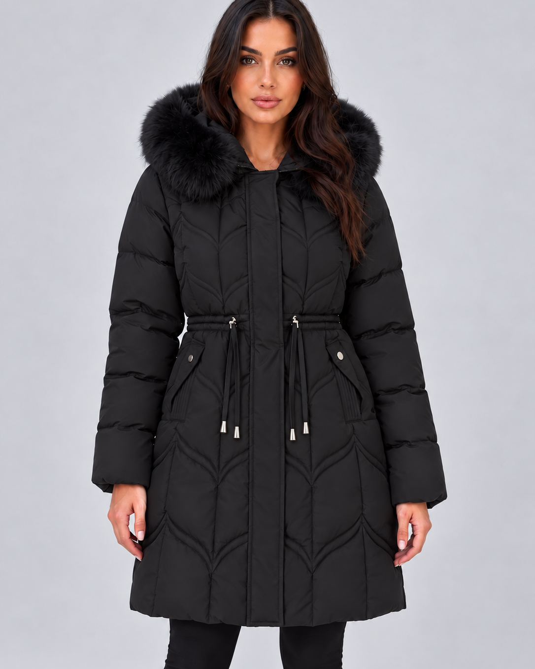 Cappotto Donna Imbottito Lungo Cappuccio Pelliccia Coulisse