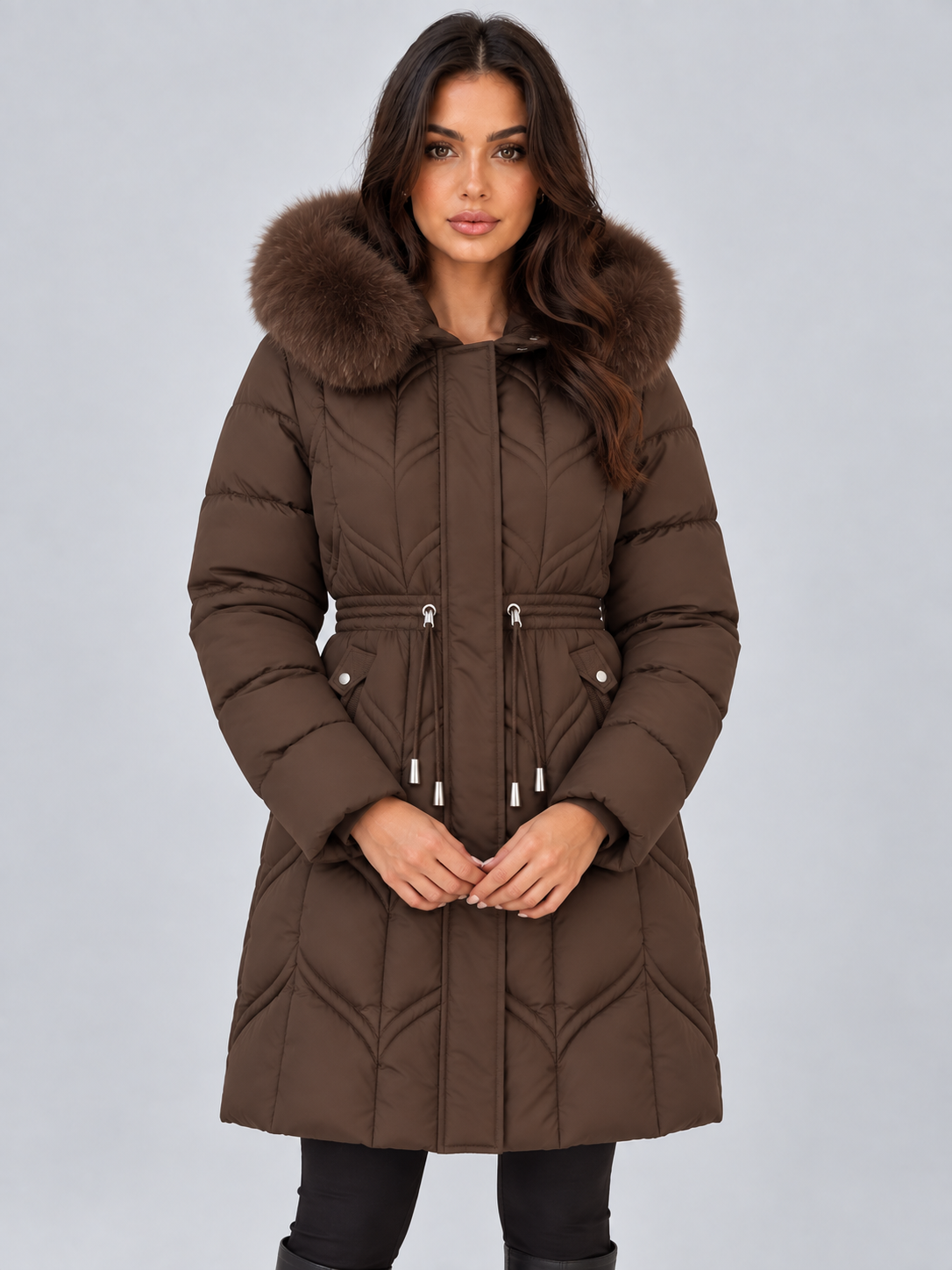 Cappotto Donna Imbottito Lungo Cappuccio Pelliccia Coulisse