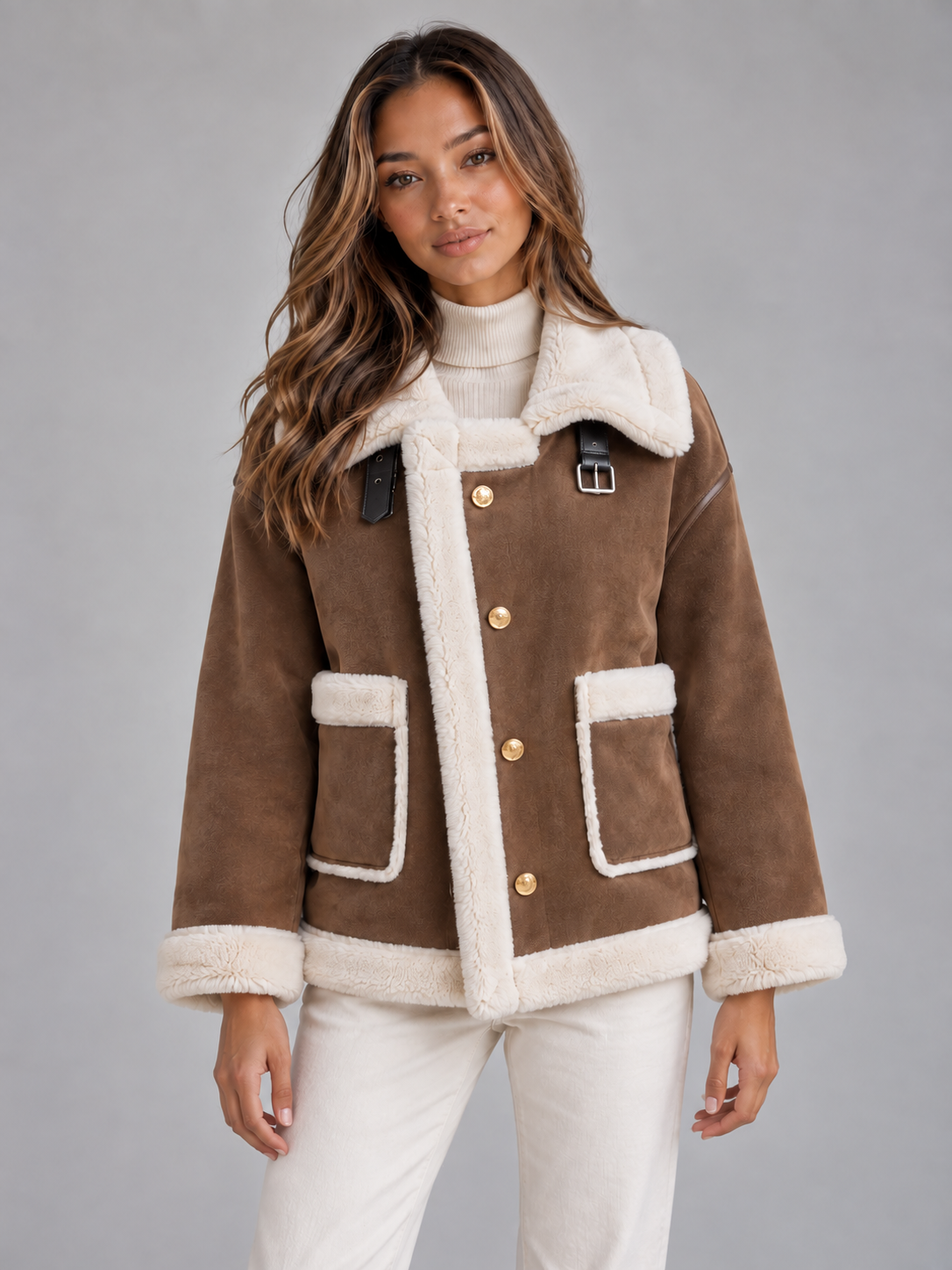 Giacca Aviator Donna Effetto Camoscio Collo Shearling Sintetico