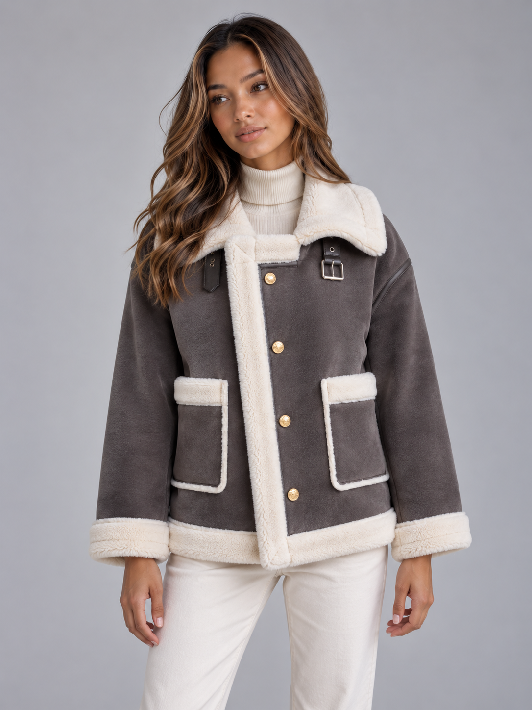 Giacca Aviator Donna Effetto Camoscio Collo Shearling Sintetico