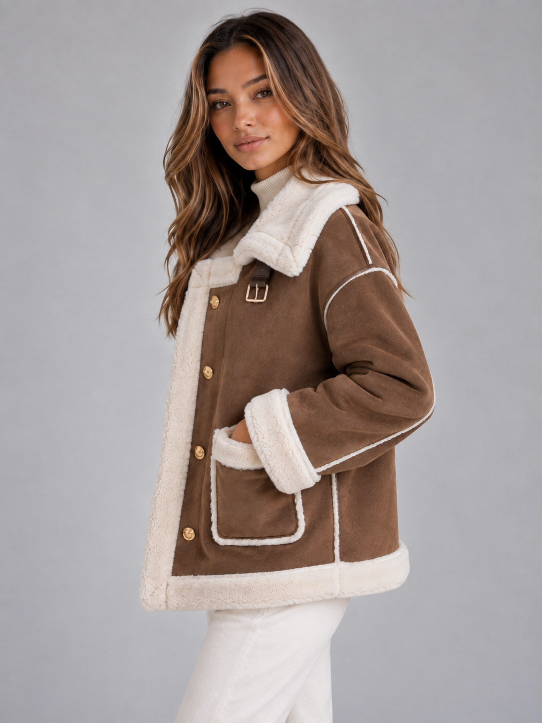 Giacca Aviator Donna Effetto Camoscio Collo Shearling Sintetico
