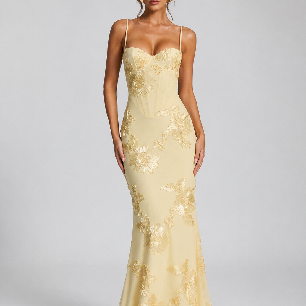 Abito Lungo Donna Corsetto Ricamo Floreale Elegante Cerimonia