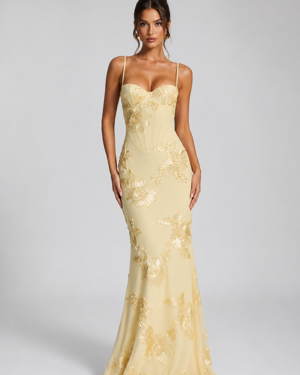 Abito Lungo Donna Corsetto Ricamo Floreale Elegante Cerimonia