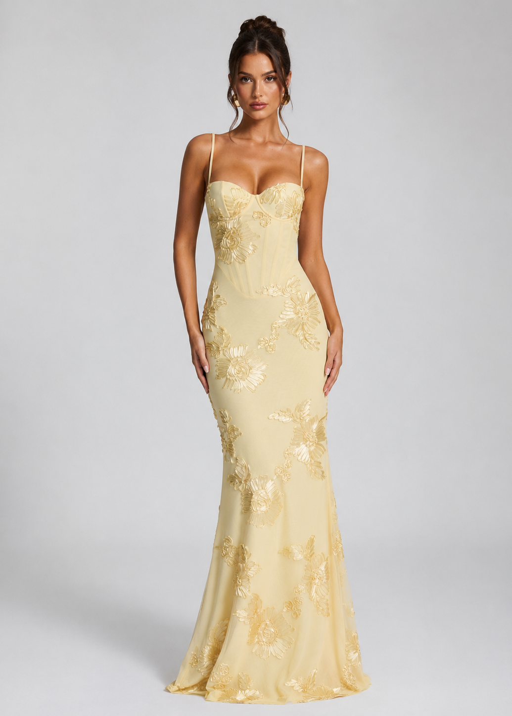 Abito Lungo Donna Corsetto Ricamo Floreale Elegante Cerimonia
