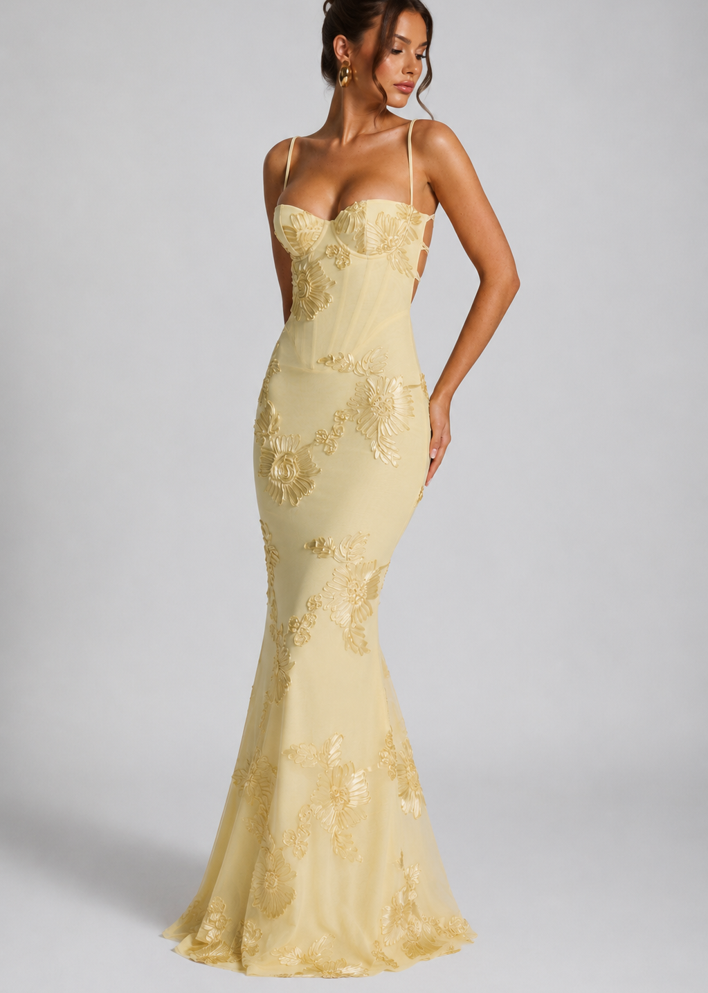 Abito Lungo Donna Corsetto Ricamo Floreale Elegante Cerimonia