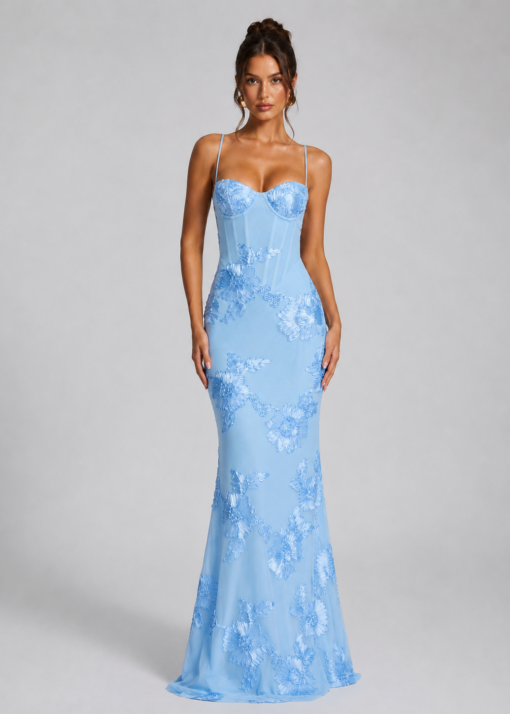 Abito Lungo Donna Corsetto Ricamo Floreale Elegante Cerimonia
