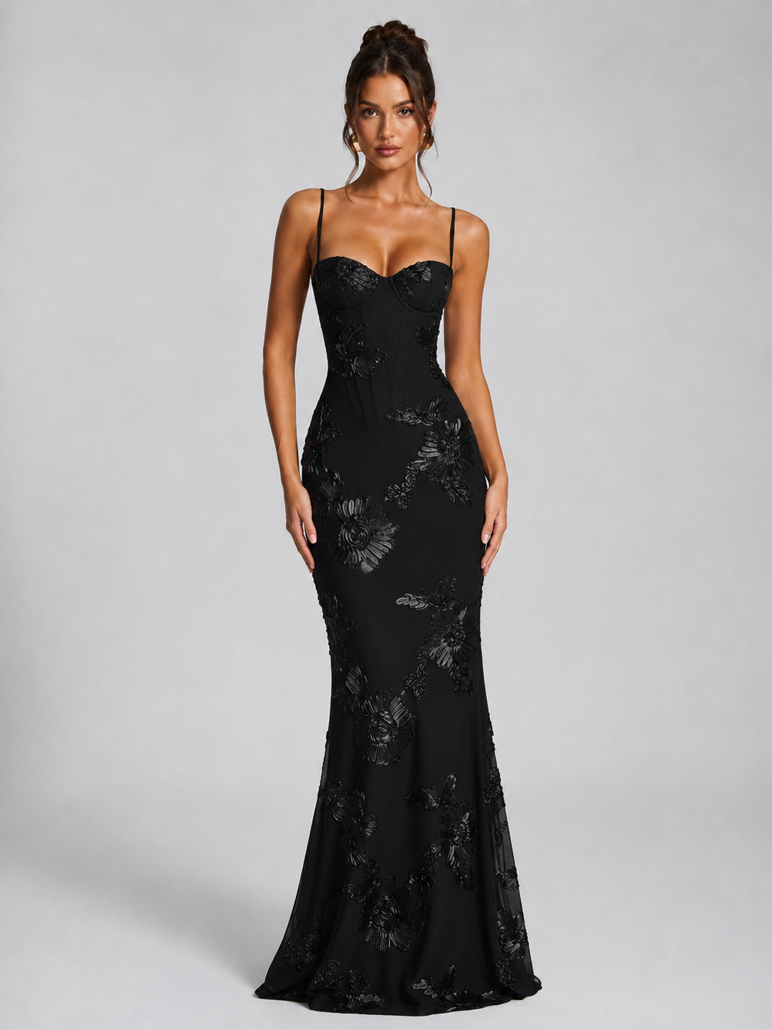 Abito Lungo Donna Corsetto Ricamo Floreale Cerimonia
