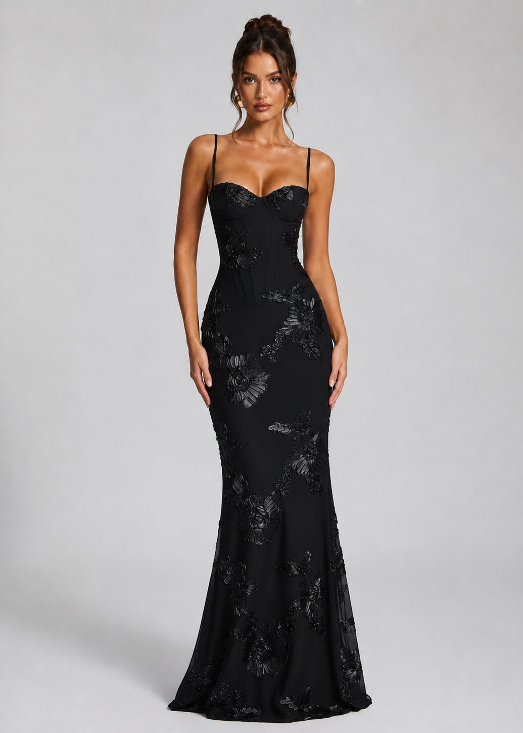 Abito Lungo Donna Corsetto Ricamo Floreale Elegante Cerimonia