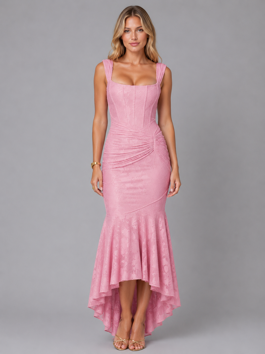 Abito Midi Donna in Pizzo Arricciato Aderente Scolpito