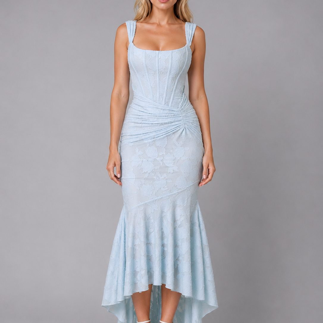 Abito Midi Donna in Pizzo Arricciato Aderente Scolpito
