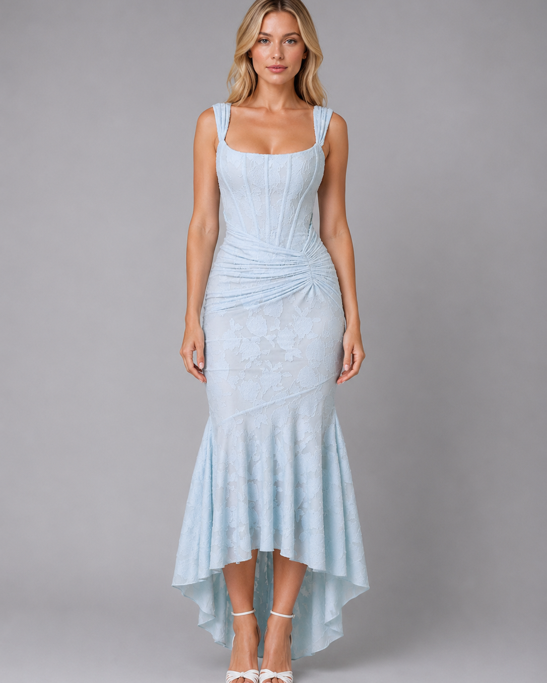 Abito Midi Donna in Pizzo Arricciato Aderente Scolpito