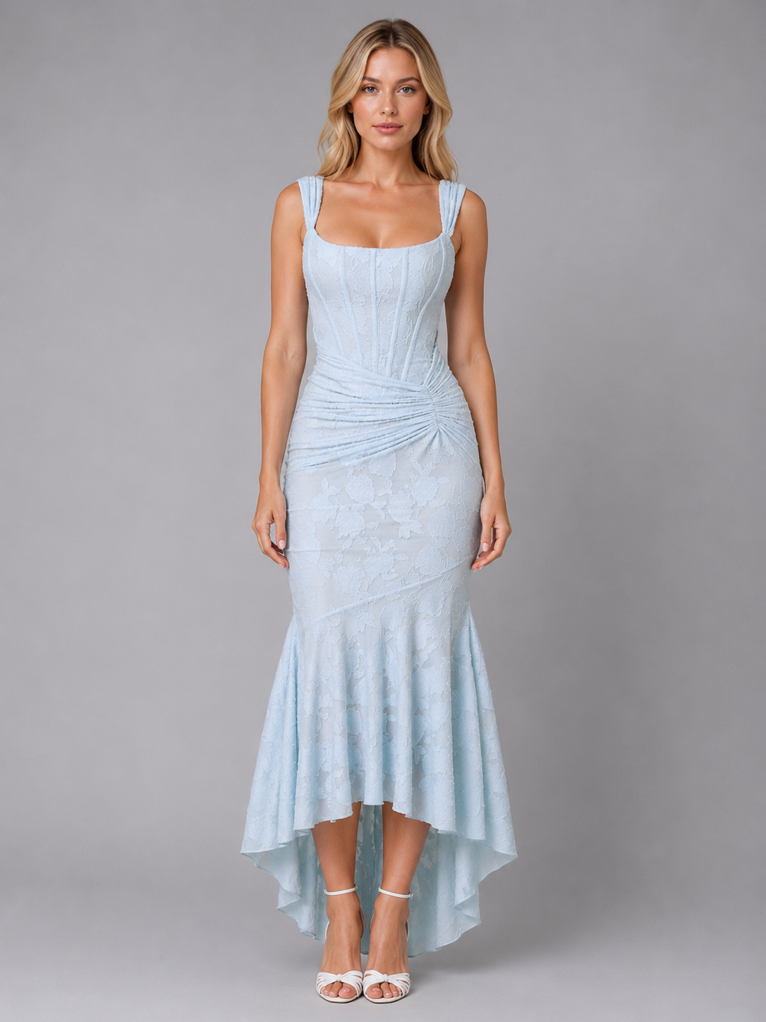 Abito Midi Donna in Pizzo Arricciato Aderente Scolpito