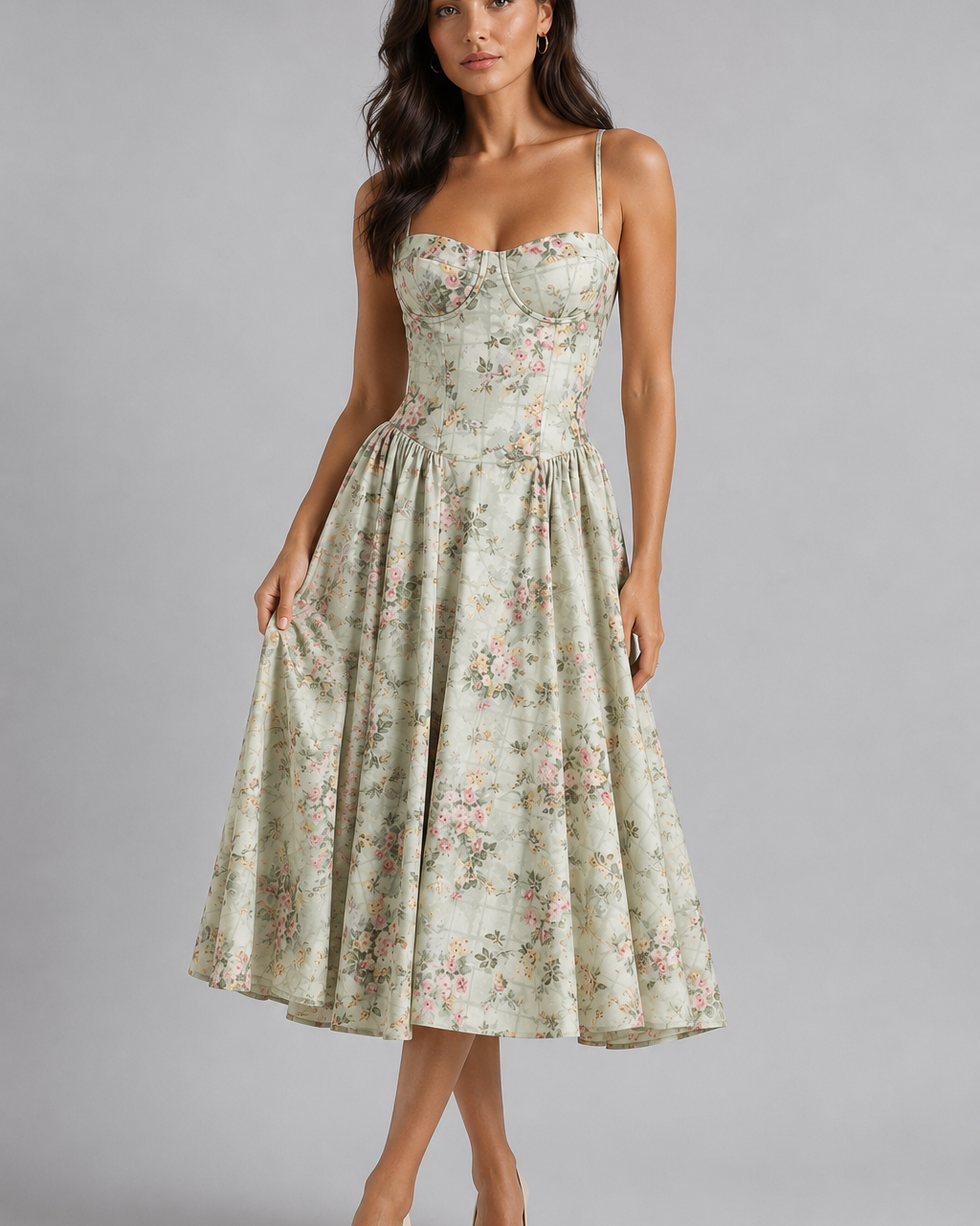 Abito Midi Donna Corsetto Floreale Vintage Scollo a Cuore