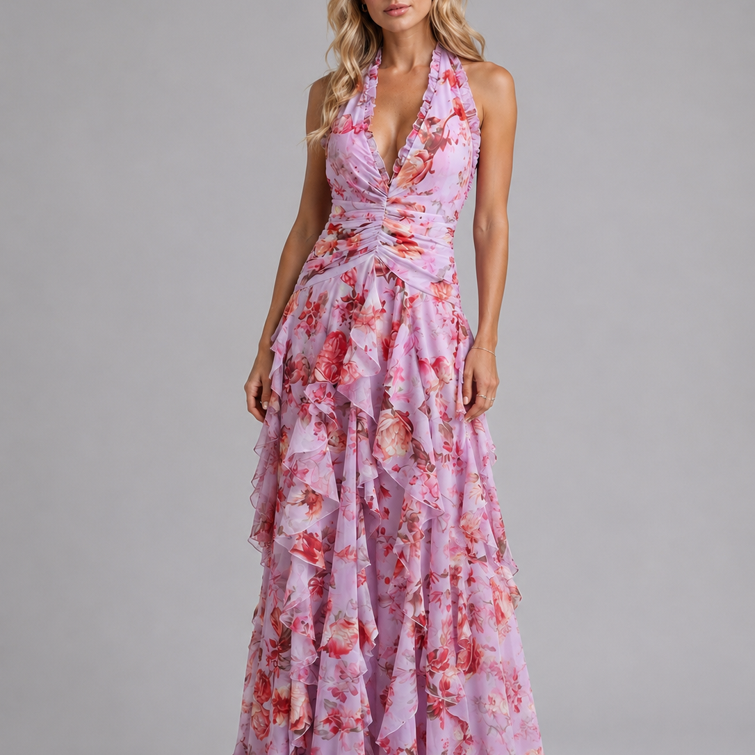 Abito Lungo Donna Floreale Halter Gonna a Balze Cerimonia