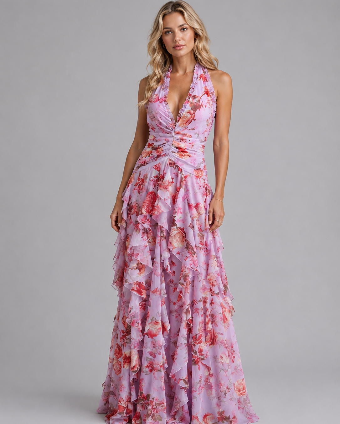 Abito Lungo Donna Floreale Halter Gonna a Balze Cerimonia