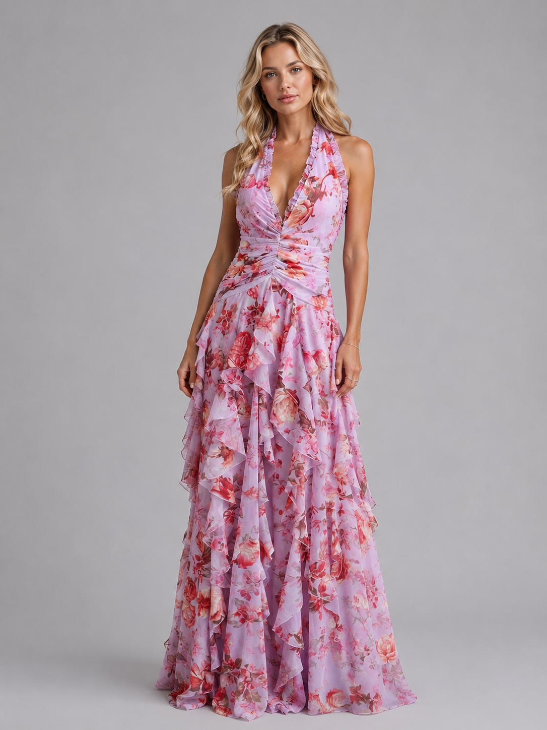 Abito Lungo Donna Floreale Halter Gonna a Balze Cerimonia