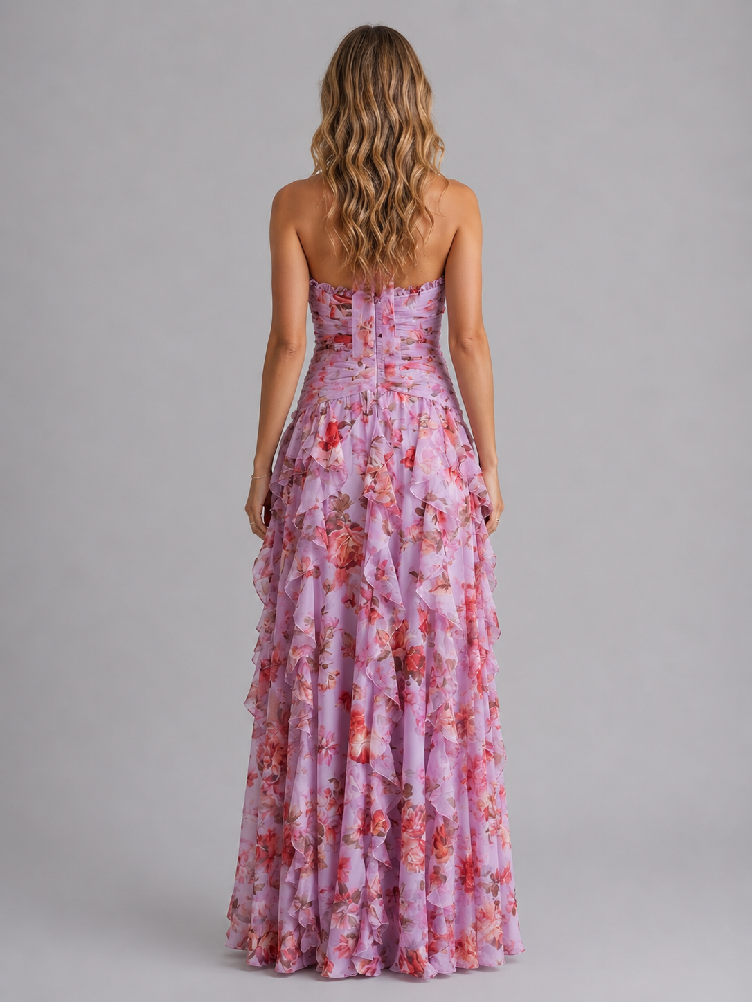 Abito Lungo Donna Floreale Halter Gonna a Balze Cerimonia