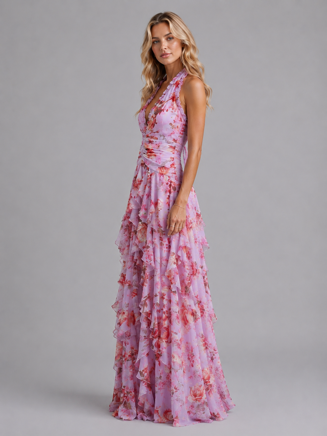 Abito Lungo Donna Floreale Halter Gonna a Balze Cerimonia