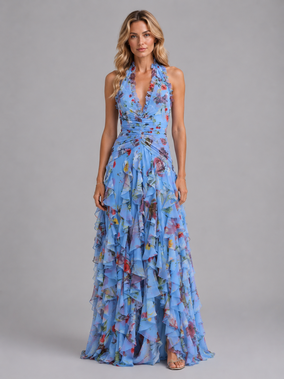 Abito Lungo Donna Floreale Halter Gonna a Balze Cerimonia