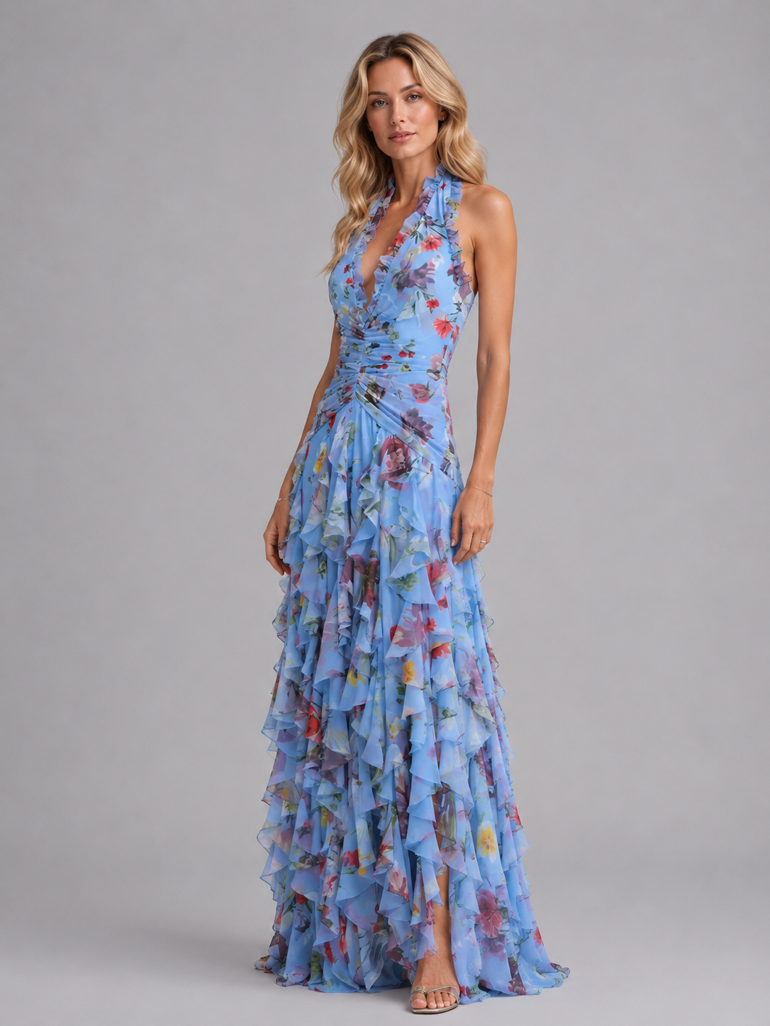 Abito Lungo Donna Floreale Halter Gonna a Balze Cerimonia